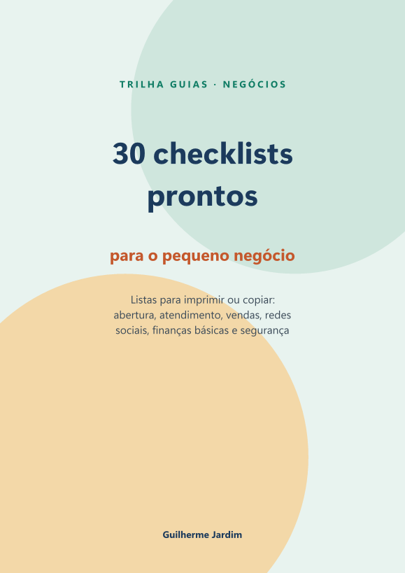 Capa do guia 30 checklists prontos para o pequeno negócio, em verde claro com círculos verdes e amarelos
