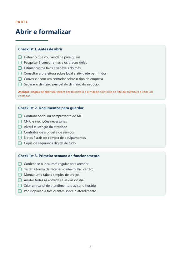 Página com os checklists de abertura do negócio
