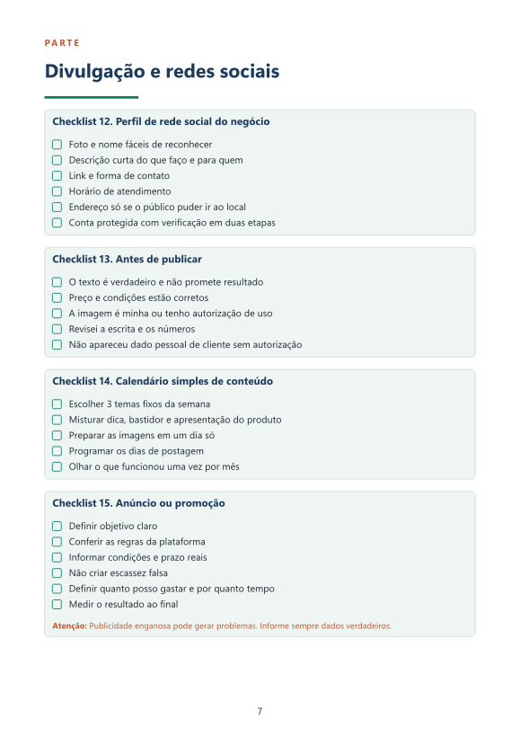 Página com checklists de atendimento e vendas