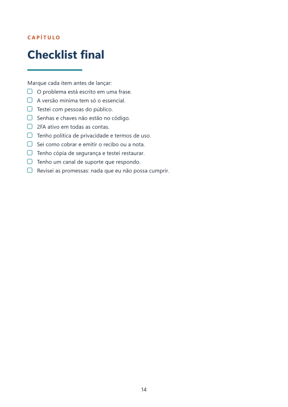 Página do checklist final de lançamento