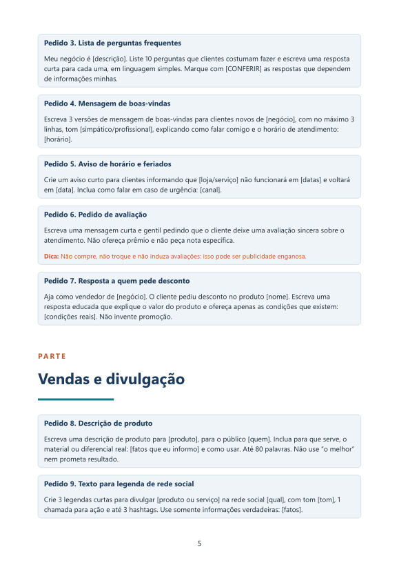 Página com pedidos de atendimento ao cliente e início da parte de vendas